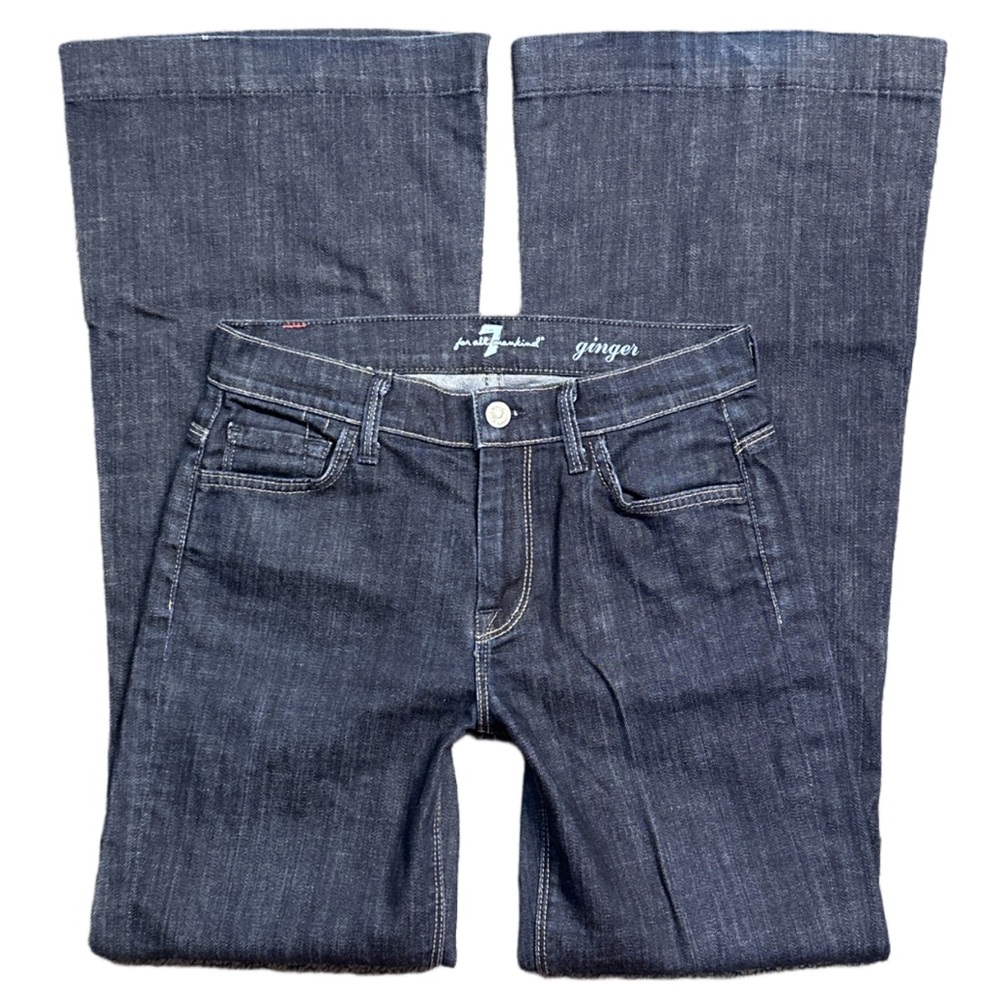 7 FOR ALL MANKIND women's dark wash mid-rise wide leg flare "ginger" jeans, 26".